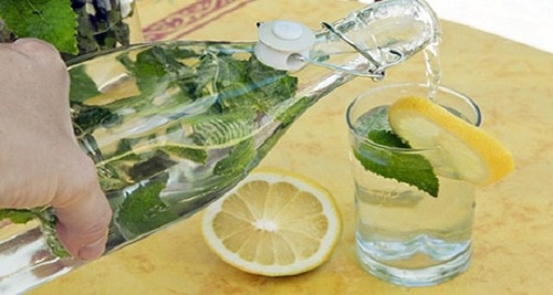 Bottiglia con acqua, limone ed erbe