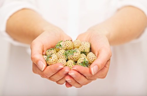 donna con in mano fragole bianche ananasso