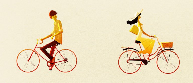 uomo e donna in bicicletta verso direzioni opposte