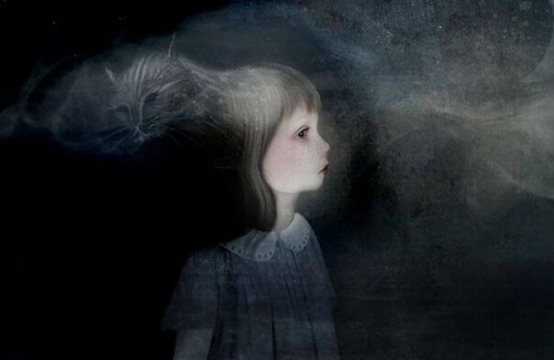 bambina nell'oscurità con un dubbio