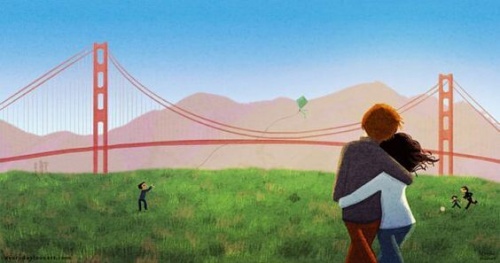 coppia che passeggia vicino ad un ponte apprezza piccoli gesti