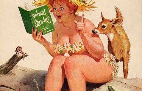 Donna con un pizzico di follia legge libro con cerbiatto