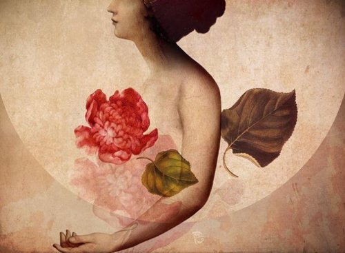 Donna con fiore rosso e luna
