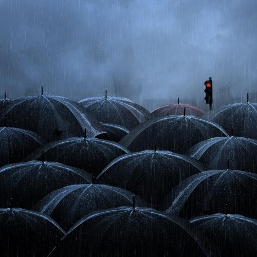 ombrelli neri sotto la pioggia