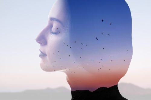 Donna ad occhi chiusi e sfondo di uccelli che volano
