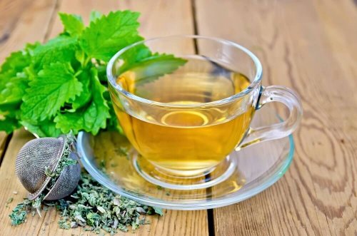 Tazza con infuso di melissa, foglie e colino