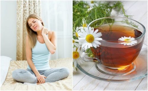 donna con mano sul collo e tazza di camomilla
