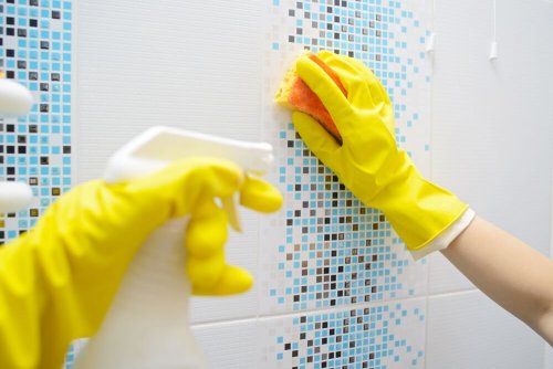 donna elimina calcare in bagno