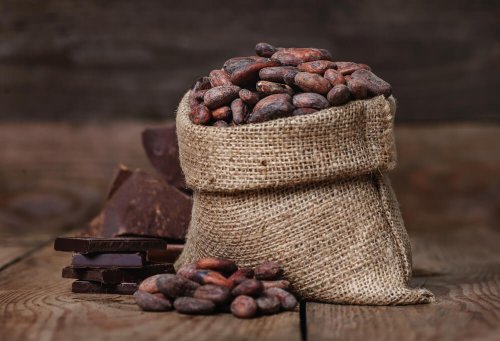 Mangiare il cioccolato fondente - Sacco con fave di cacao