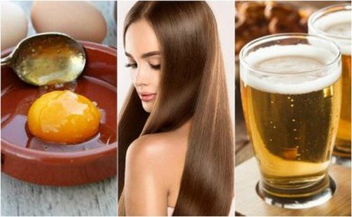 Trattamento con uova e birra e ragazza con capelli brillanti