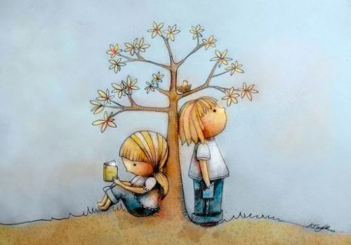 Disegno di bambini sotto un albero e lettura con il metodo doman