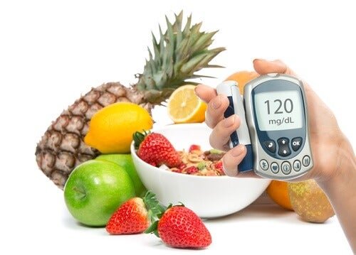 Glucometro e frutta per regolare l'insulina
