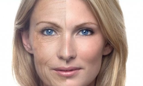 Viso di donna a metà con rughe e senza rughe