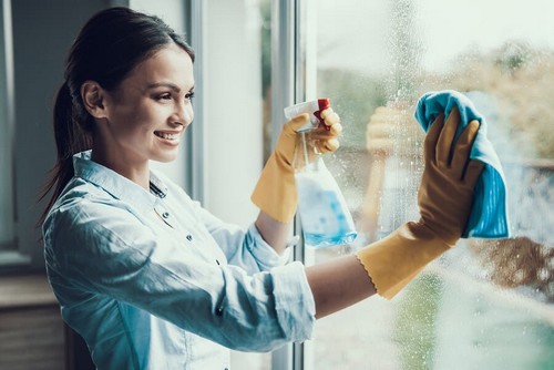 Donna che lava i vetri con detergenti naturali per la casa