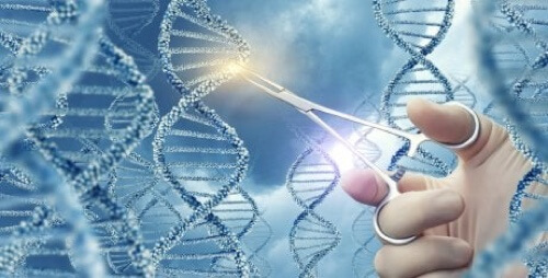 Medico che taglia le eliche del dna.