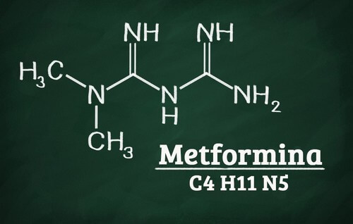 Formula chimica della Metformina presente nel qtrilmet per il diabete.