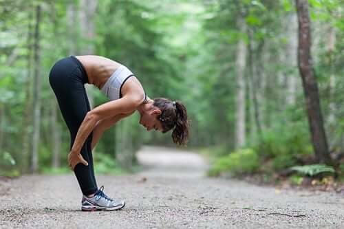 Ragazza fa stretching nel bosco.