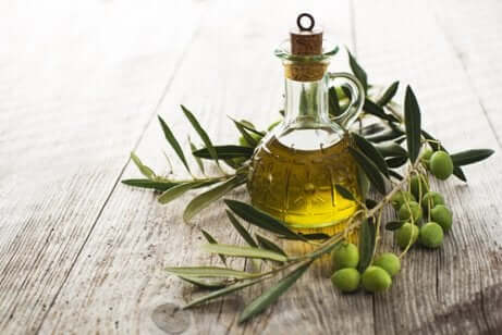Boccetta di olio d'oliva con ramoscello d'ulivo.
