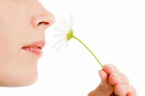 Donna con iperosmia che annusa un fiore.