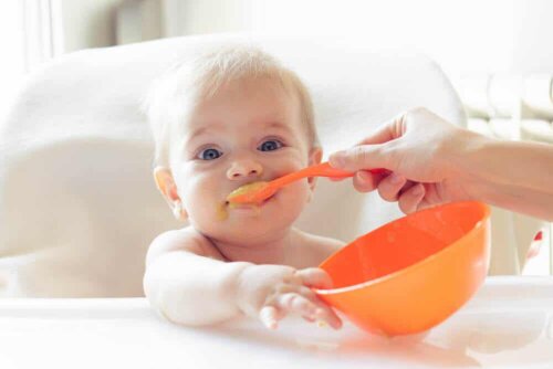 Puericultura e madre che imbocca il bambino.