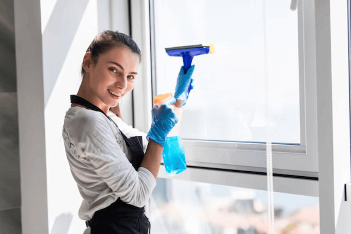 Una donna pulisce finestre e davanzali molto sporchi